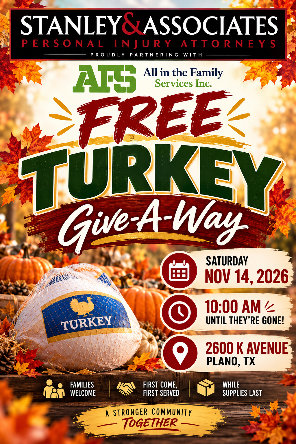 Free Turkey Give-A-Way flyer with Stanley & Associates and AFS